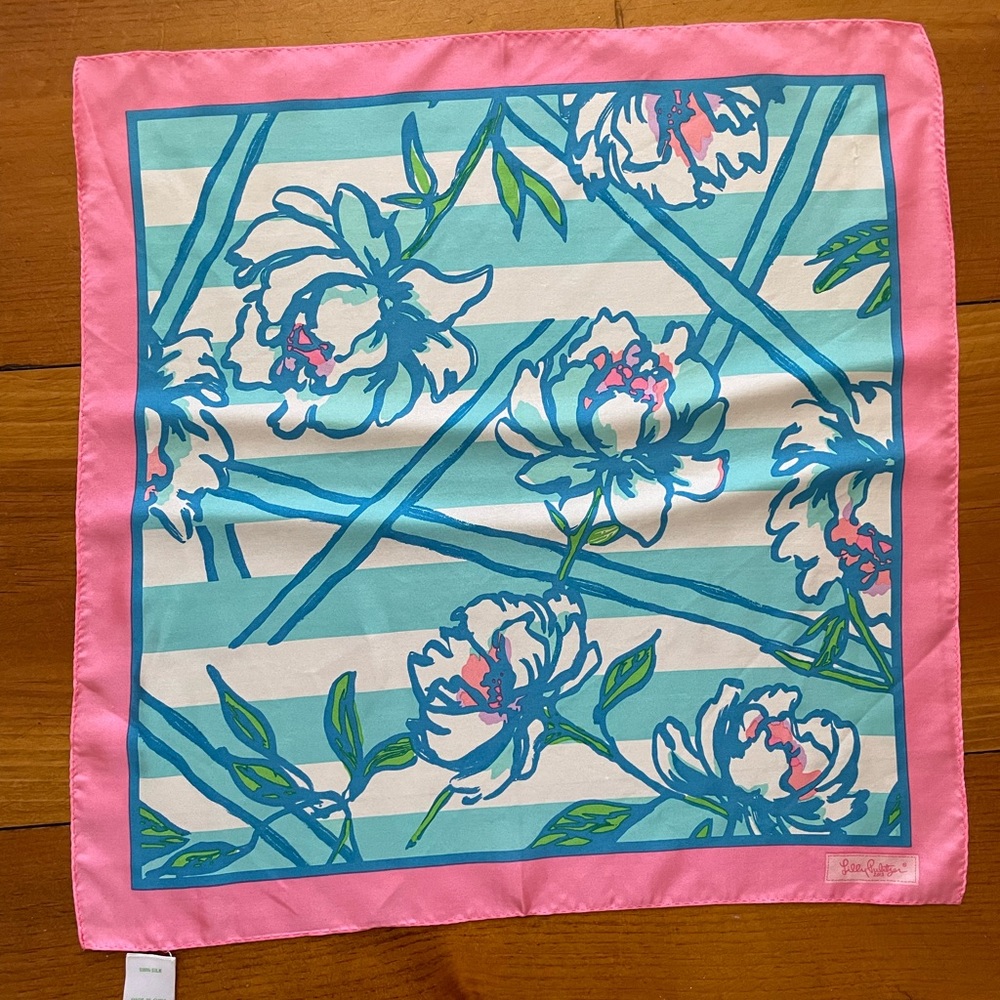 Silk Lilly Pulitzer Floral Scarf Pink and Blue